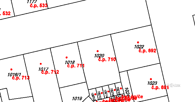 Bubeneč 710, Praha na parcele st. 1020 v KÚ Bubeneč, Katastrální mapa