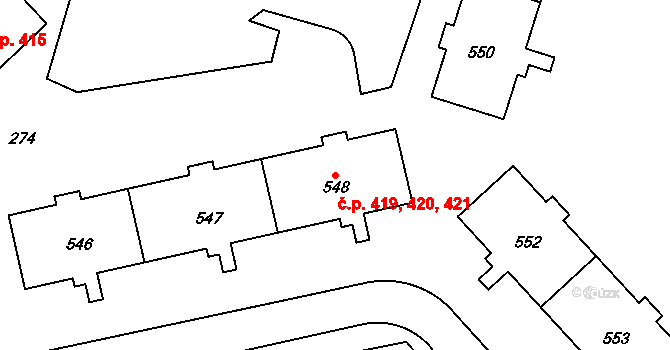 Lazce 419,420,421, Olomouc na parcele st. 548 v KÚ Lazce, Katastrální mapa