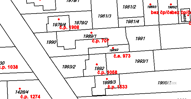 Kuřim 973 na parcele st. 1989/2 v KÚ Kuřim, Katastrální mapa