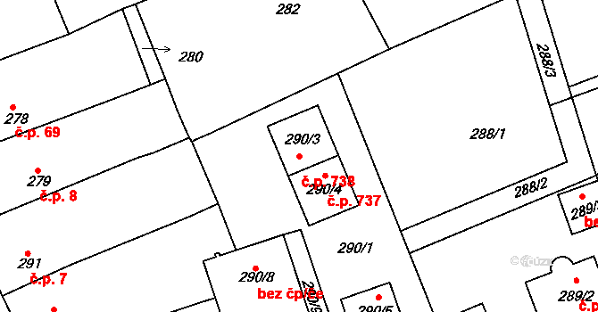 Planá nad Lužnicí 738 na parcele st. 290/3 v KÚ Planá nad Lužnicí, Katastrální mapa