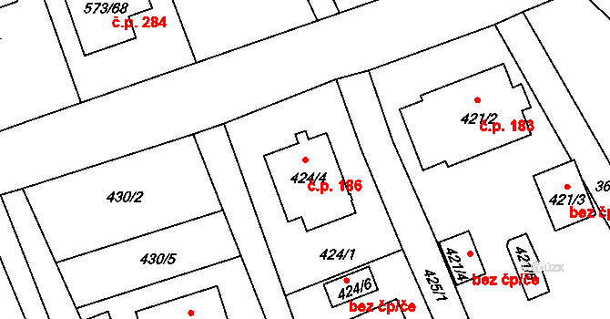 Drahelice 186, Nymburk na parcele st. 424/4 v KÚ Drahelice, Katastrální mapa
