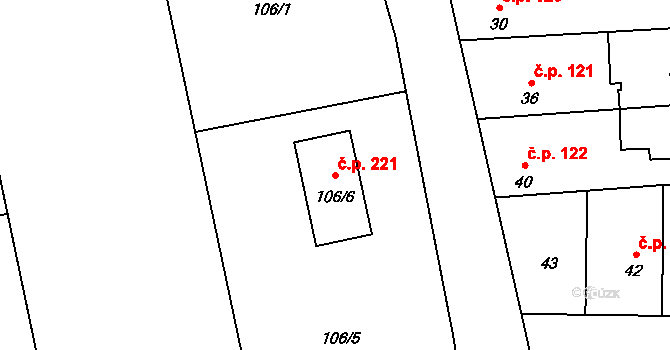 Slavětín 221 na parcele st. 106/6 v KÚ Slavětín nad Ohří, Katastrální mapa