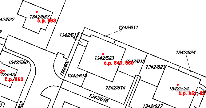 Jinonice 849,850, Praha na parcele st. 1342/523 v KÚ Jinonice, Katastrální mapa