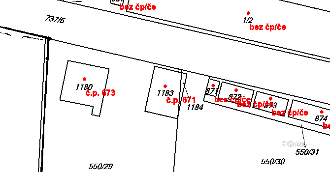 Chotěšov 671 na parcele st. 1183 v KÚ Chotěšov, Katastrální mapa