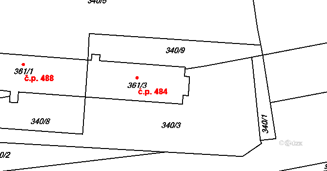 Kostelec 484, Zlín na parcele st. 361/3 v KÚ Kostelec u Zlína, Katastrální mapa