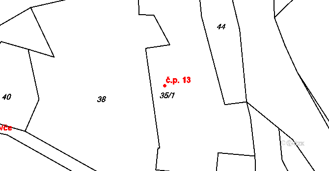 Jinošice 13, Bystřice na parcele st. 35/1 v KÚ Jinošice, Katastrální mapa