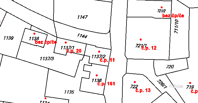 Slušovice 11 na parcele st. 1137/2 v KÚ Slušovice, Katastrální mapa