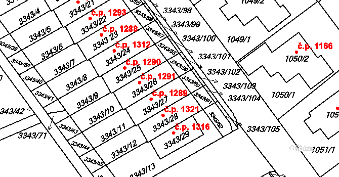 Třešť 1289 na parcele st. 3343/27 v KÚ Třešť, Katastrální mapa