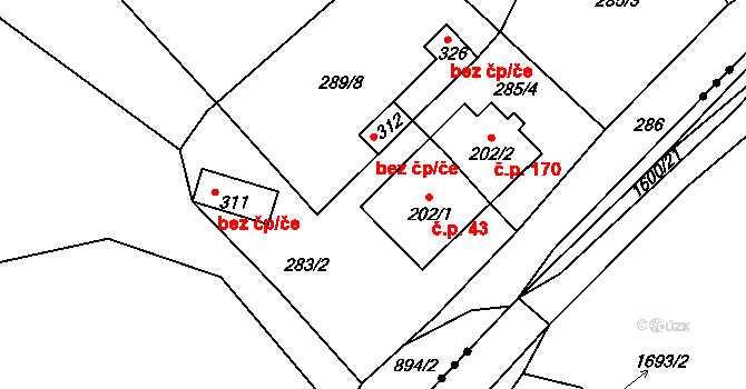 Třebichovice 43 na parcele st. 202/1 v KÚ Třebichovice, Katastrální mapa