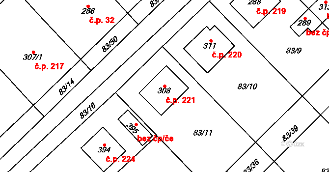 Horní Počaply 221 na parcele st. 308 v KÚ Horní Počaply, Katastrální mapa
