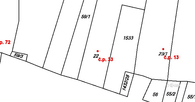 Hradecko 33, Kralovice na parcele st. 22 v KÚ Hradecko, Katastrální mapa