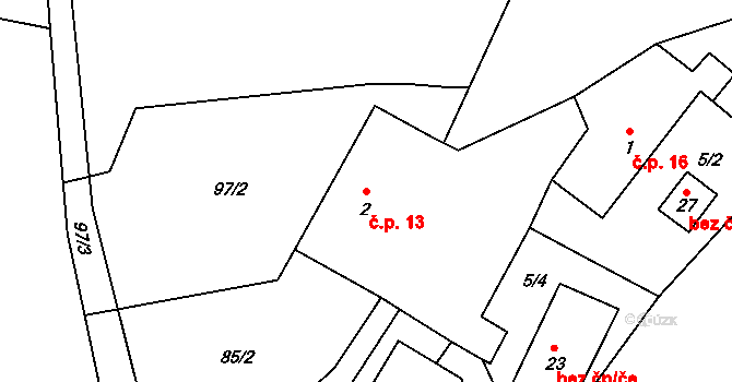 Domažličky 13, Bolešiny na parcele st. 2 v KÚ Domažličky, Katastrální mapa