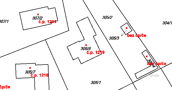 Lyžbice 1219, Třinec na parcele st. 305/8 v KÚ Lyžbice, Katastrální mapa
