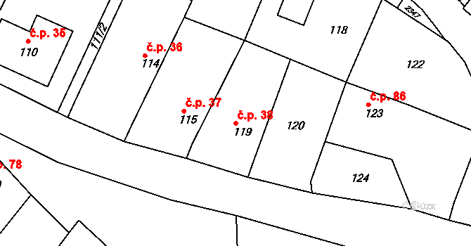 Popice 38, Znojmo na parcele st. 119 v KÚ Popice u Znojma, Katastrální mapa