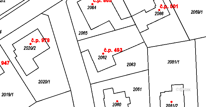 Roztoky 493 na parcele st. 2062 v KÚ Roztoky u Prahy, Katastrální mapa
