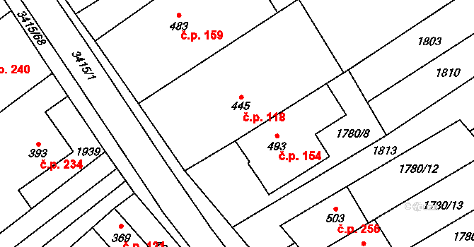 Hrubá Vrbka 118 na parcele st. 445 v KÚ Hrubá Vrbka, Katastrální mapa