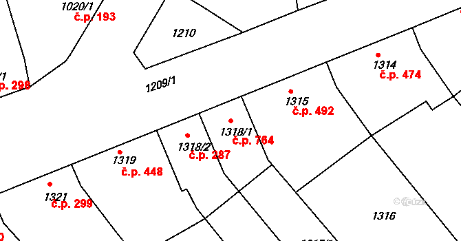 Šardice 764 na parcele st. 1318/1 v KÚ Šardice, Katastrální mapa