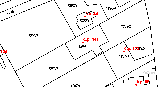 Nové Jirny 141, Jirny na parcele st. 1288 v KÚ Jirny, Katastrální mapa