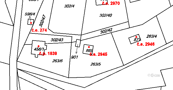 Těptín 2945, Kamenice na parcele st. 869 v KÚ Těptín, Katastrální mapa