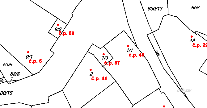 Červený Újezd 57, Hrobčice na parcele st. 1/3 v KÚ Červený Újezd u Mukova, Katastrální mapa