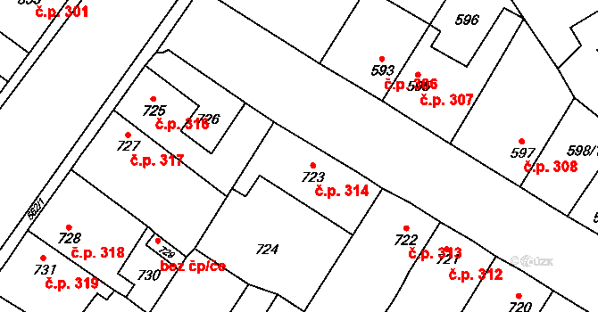 Kosmonosy 314 na parcele st. 723 v KÚ Kosmonosy, Katastrální mapa