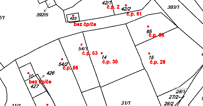 Nouzov 30, Senomaty na parcele st. 14 v KÚ Nouzov u Senomat, Katastrální mapa
