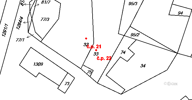 Střížovice 22, Snědovice na parcele st. 33 v KÚ Střížovice u Snědovic, Katastrální mapa