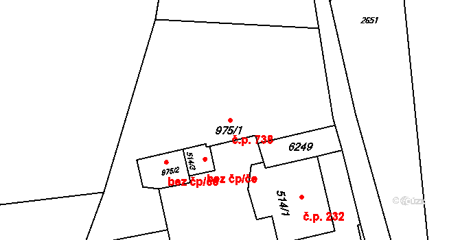 Rožnov pod Radhoštěm 738 na parcele st. 975/1 v KÚ Rožnov pod Radhoštěm, Katastrální mapa