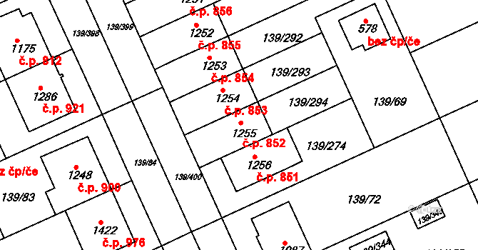 Podklášteří 852, Třebíč na parcele st. 1255 v KÚ Podklášteří, Katastrální mapa