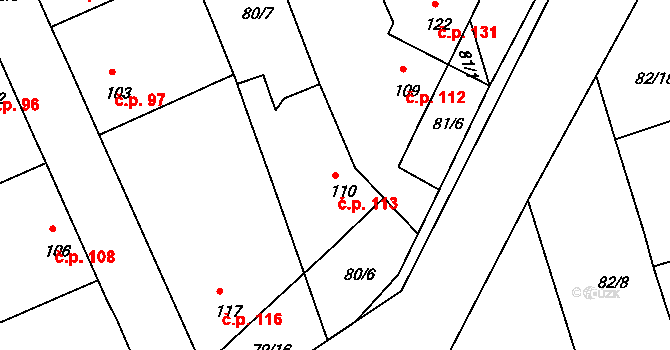 Zeměchy 113, Jimlín na parcele st. 110 v KÚ Zeměchy u Loun, Katastrální mapa