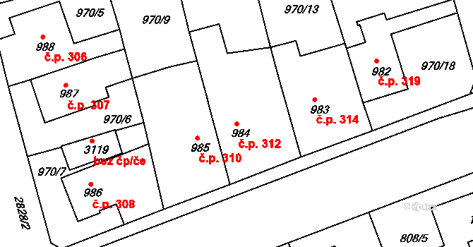 Plzeňské Předměstí 312, Rokycany na parcele st. 984 v KÚ Rokycany, Katastrální mapa