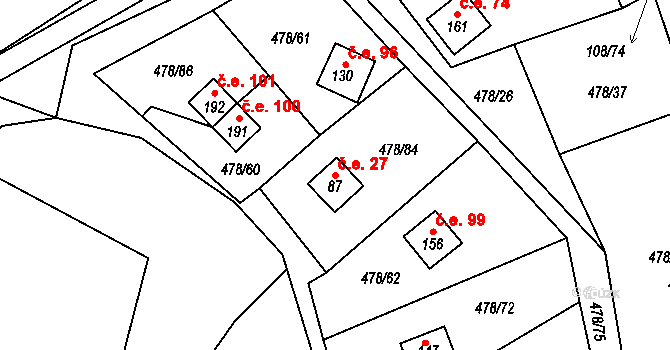 Hryzely 27, Barchovice na parcele st. 87 v KÚ Hryzely, Katastrální mapa