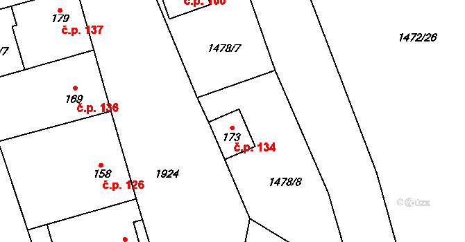 Kunovice 134 na parcele st. 173 v KÚ Kunovice, Katastrální mapa