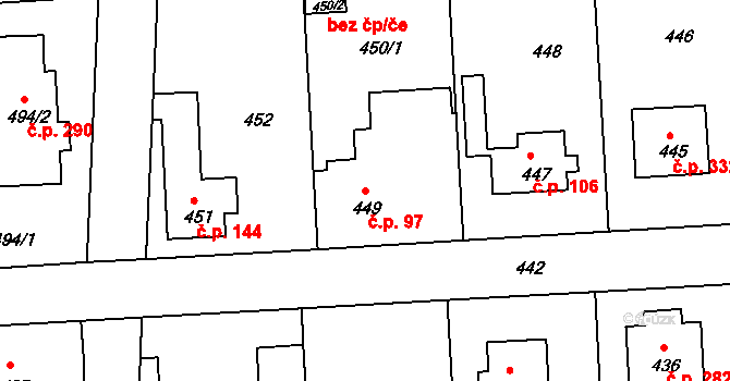Písnice 97, Praha na parcele st. 449 v KÚ Písnice, Katastrální mapa
