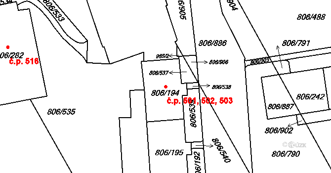 Malešice 501,502,503, Praha na parcele st. 806/196 v KÚ Malešice, Katastrální mapa