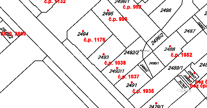 Chomutov 1038 na parcele st. 2493 v KÚ Chomutov I, Katastrální mapa