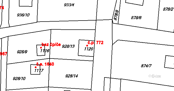 Litice 772, Plzeň na parcele st. 1120 v KÚ Valcha, Katastrální mapa