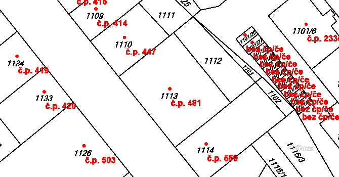 Východní Předměstí 481, Plzeň na parcele st. 1113 v KÚ Plzeň, Katastrální mapa