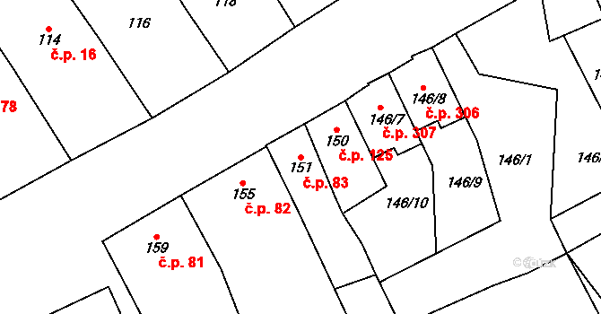 Medlov 83 na parcele st. 151 v KÚ Medlov, Katastrální mapa