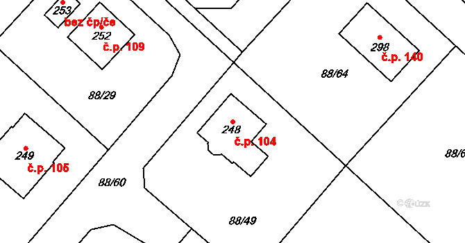 Kladruby 104 na parcele st. 248 v KÚ Kladruby u Teplic, Katastrální mapa