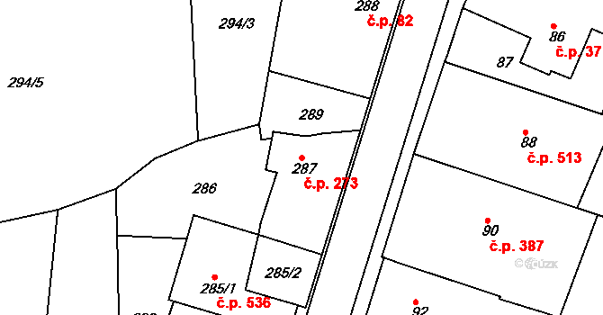 Želechovice nad Dřevnicí 273 na parcele st. 287 v KÚ Želechovice nad Dřevnicí, Katastrální mapa