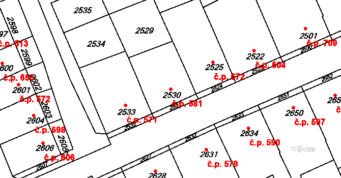 Nivnice 581 na parcele st. 2530 v KÚ Nivnice, Katastrální mapa