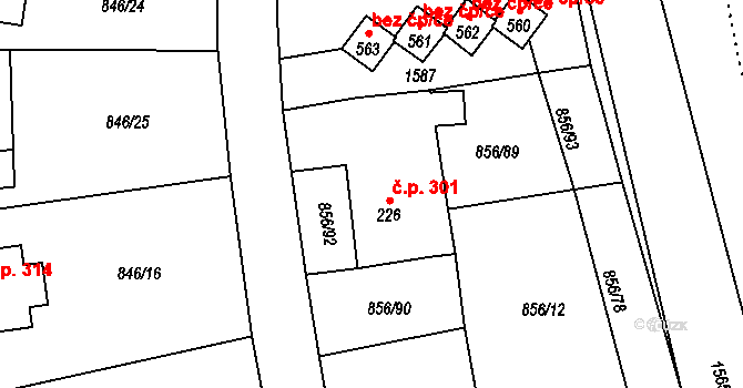 Hanušovice 301 na parcele st. 226 v KÚ Hanušovice, Katastrální mapa