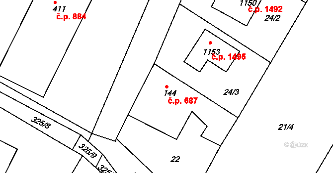 Rudná 687 na parcele st. 144 v KÚ Hořelice, Katastrální mapa