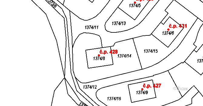 Všenory 428 na parcele st. 1374/8 v KÚ Všenory, Katastrální mapa