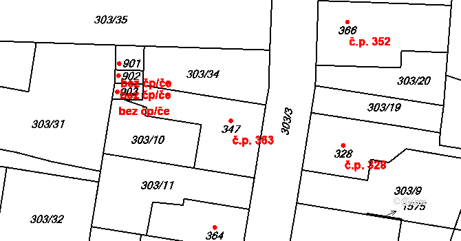 Rosice 363, Pardubice na parcele st. 347 v KÚ Rosice nad Labem, Katastrální mapa