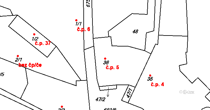 Petrovice u Uhelné Příbramě 5, Uhelná Příbram na parcele st. 36 v KÚ Petrovice u Uhelné Příbramě, Katastrální mapa