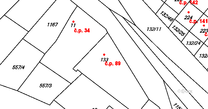 Hvozd 89 na parcele st. 133 v KÚ Hvozd u Konice, Katastrální mapa