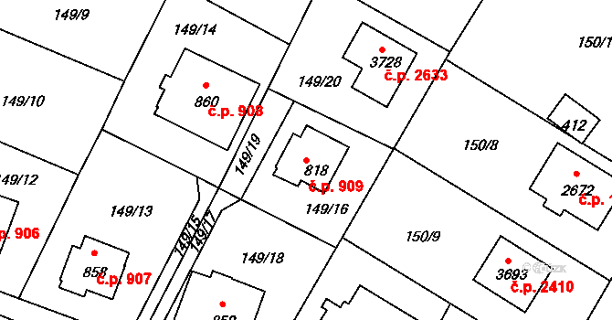 Říčany 909 na parcele st. 818 v KÚ Říčany u Prahy, Katastrální mapa