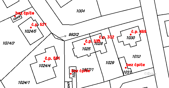 Doksy 333 na parcele st. 1025 v KÚ Doksy u Máchova jezera, Katastrální mapa